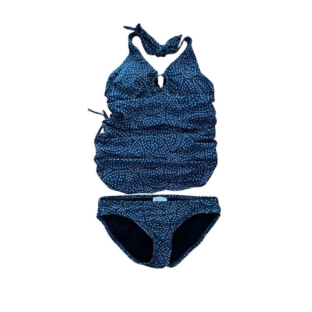 A Pea in the Pod Maternity Ruched Halter Tankini Swim Blue Geometric Pattern | S